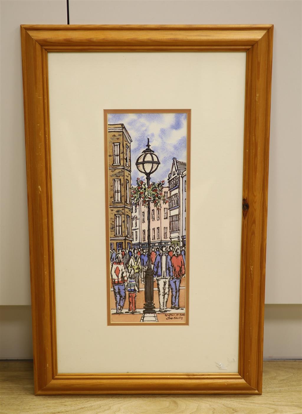 Jim Scully, ink and watercolour, Grafton Street, Dublin, signed, 35 x 12.5cm